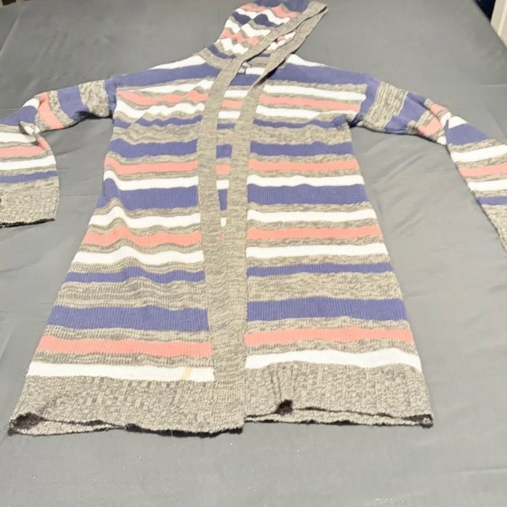 Evelyn Taylor Hooded Striped Knit Cardigan Sweater Womens M Open Front Neutral